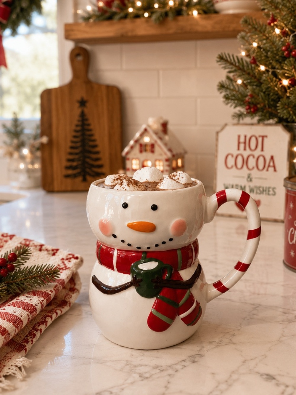 ☃️ Williams Sonoma Festive Snowman Ceramic Mug | Red & White Holiday Drinkware